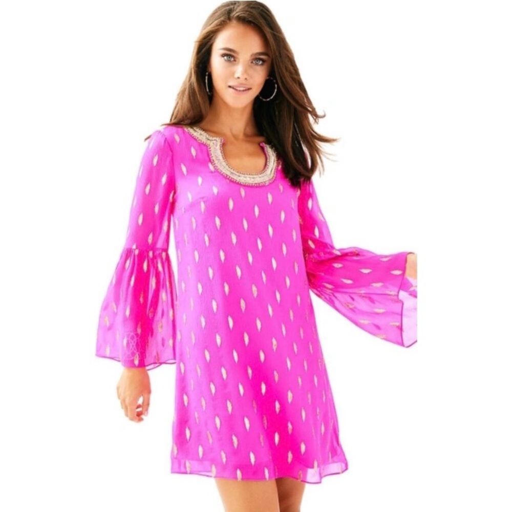 Lilly Pulitzer Amory Silk Dress Raz Berry Diamond Metallic Beaded Tunic Dress